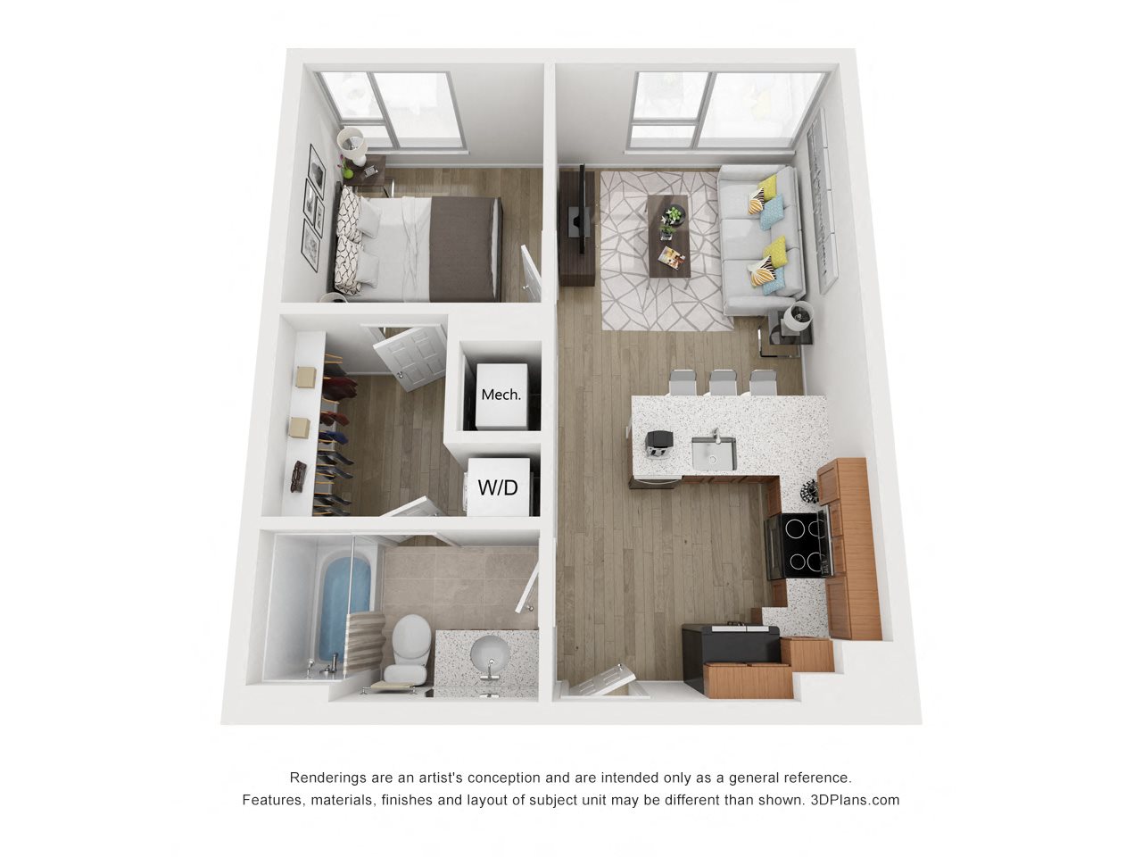 The Atlantic - one bedroom floor plan at South Falls Tower’s Manchester apartments